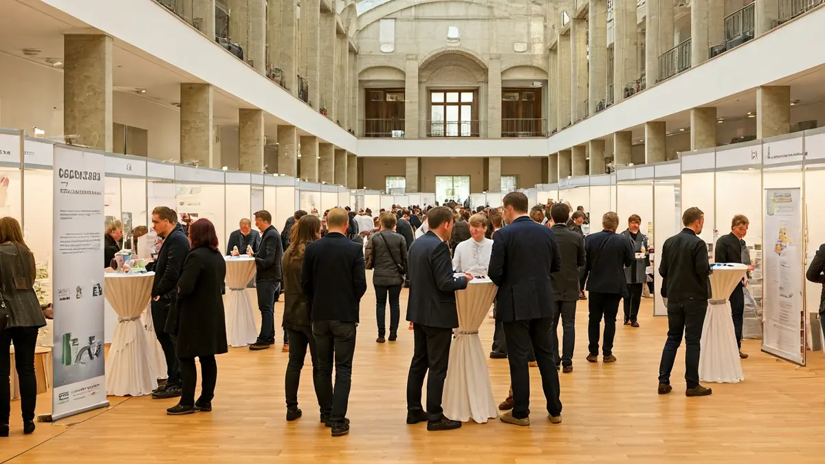 Generic image of a job fair with people interacting at booths.