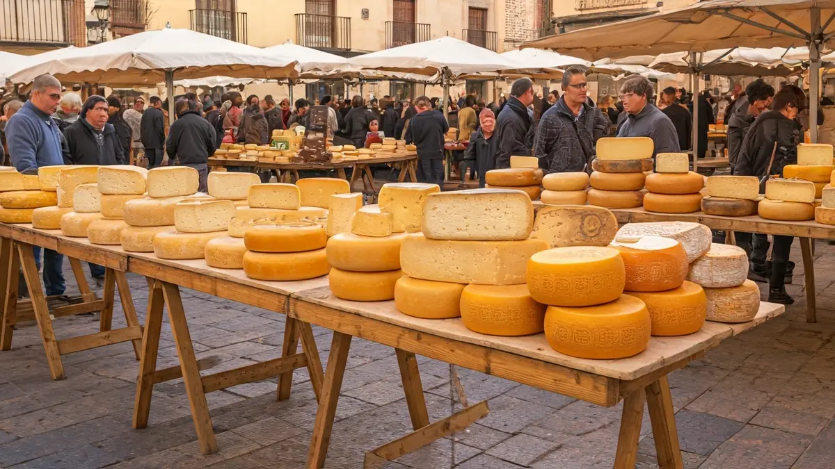 Imagen genérica de un mercado de quesos artesanales en un entorno festivo.