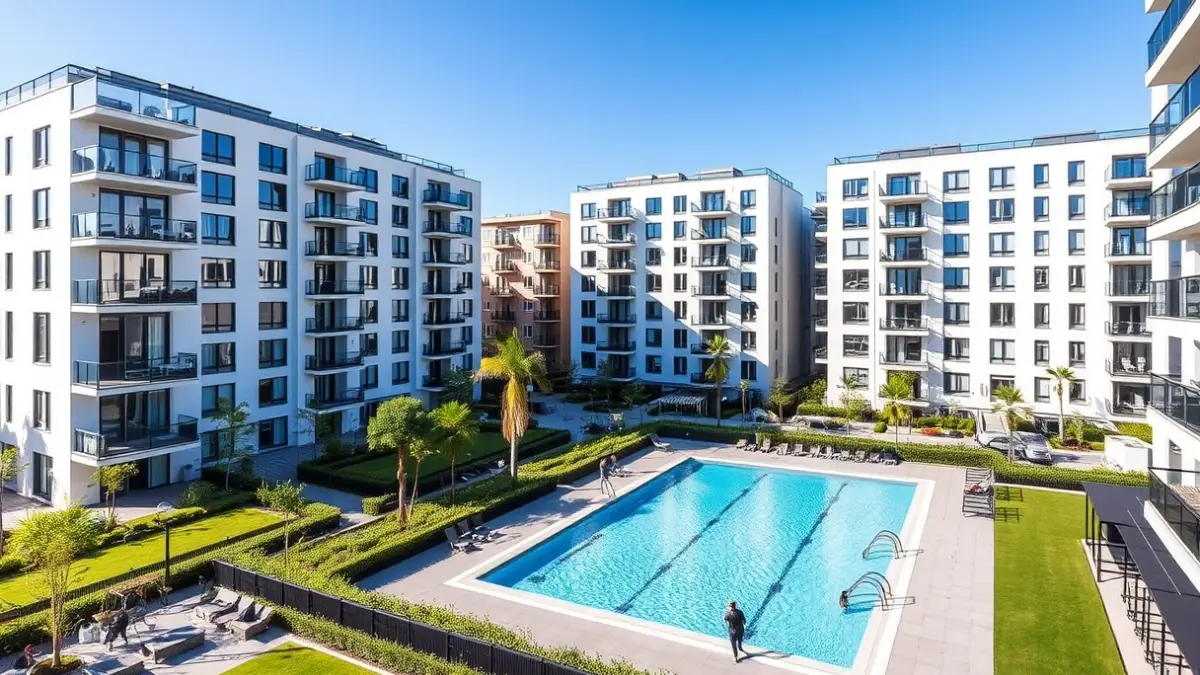 Image of a modern residential complex with a swimming pool and green areas.