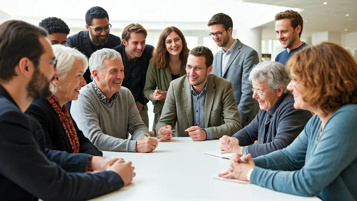 Generic image of people of different ages engaged in lively conversation around a table in a community center.