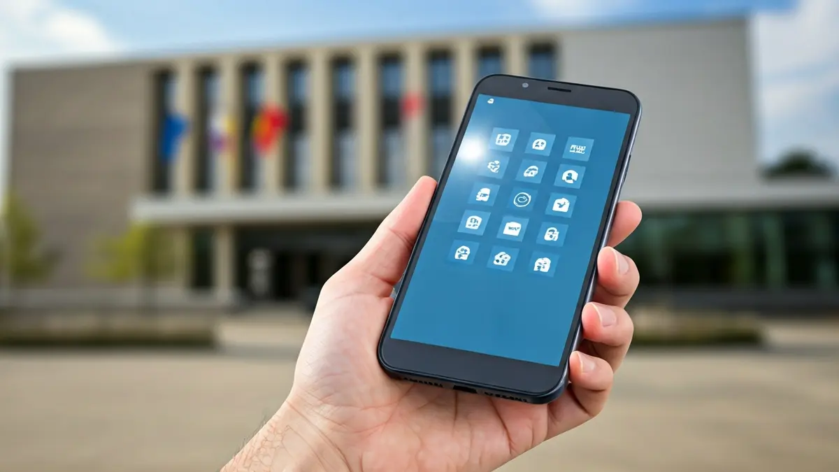 Imagen genérica de una mano sosteniendo un smartphone con una aplicación municipal en pantalla, con un ayuntamiento de fondo.