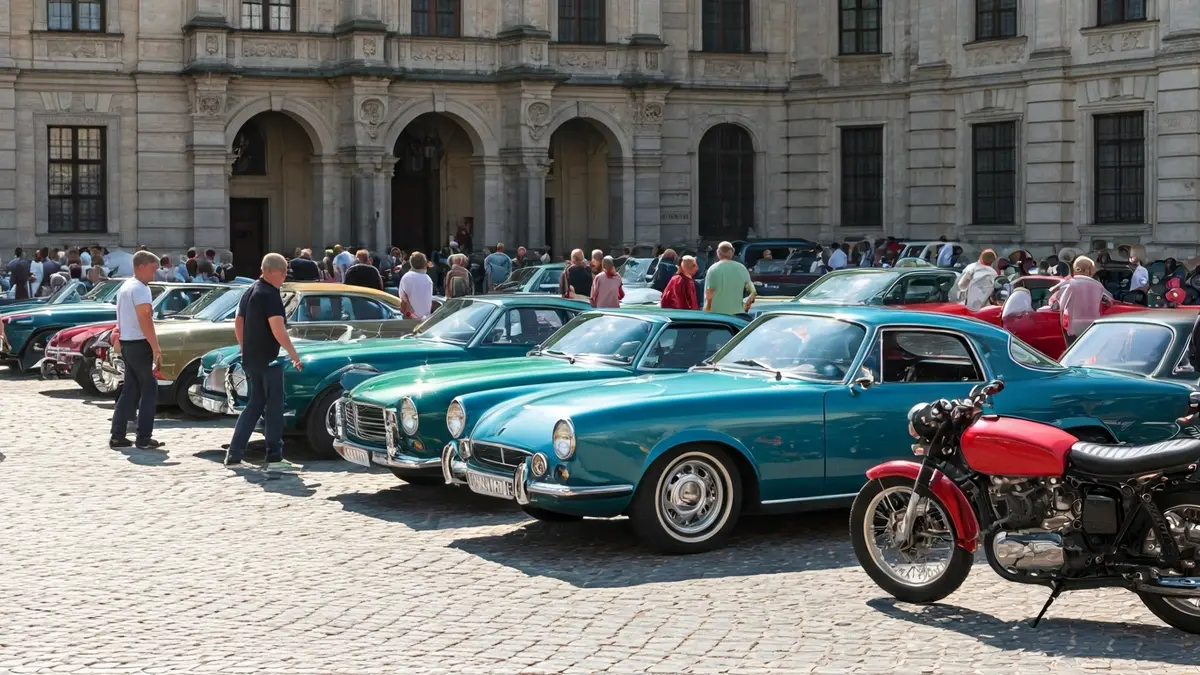 Imagen de una exposición de vehículos clásicos en una plaza.