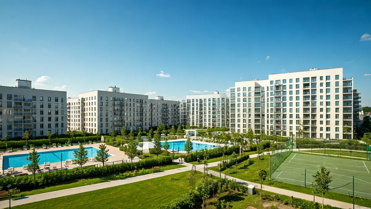 Imagen de edificios residenciales modernos con balcones y zonas comunes en un entorno suburbano.