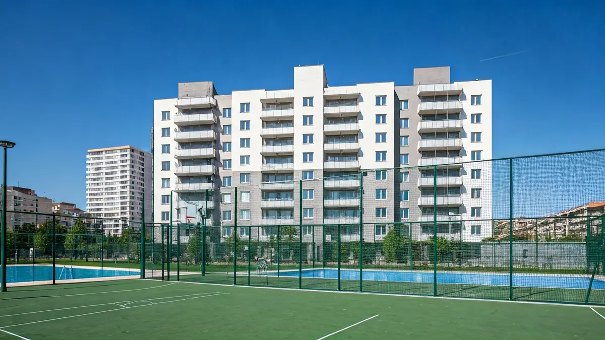 Image of a modern residential complex with a swimming pool and sports court in Colmenar Viejo.