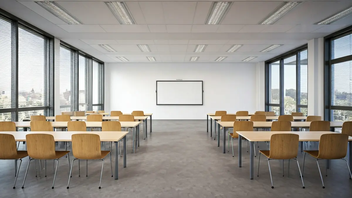 Imagen genérica de un aula moderna y vacía, simbolizando nuevas infraestructuras educativas.