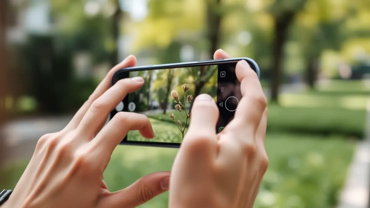 Generic image of a person photographing a plant with a smartphone in an urban setting.