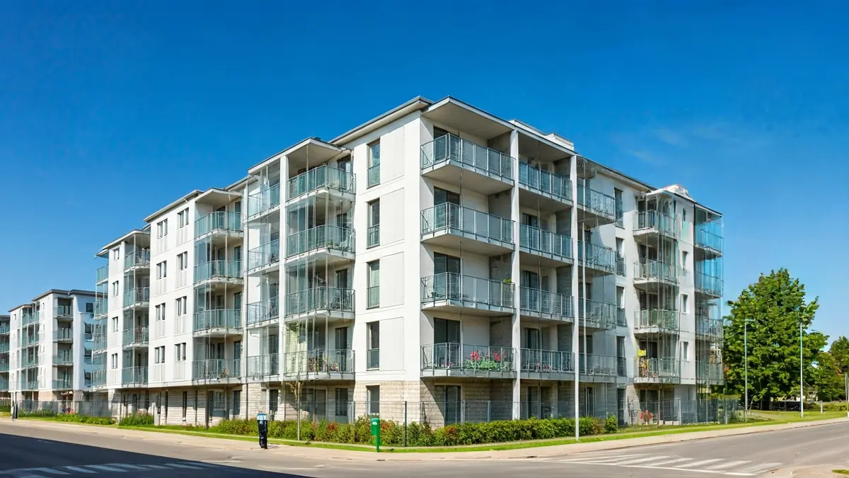 Generic image of a modern residential building with balconies and green areas.