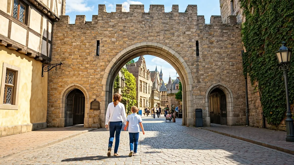 Imagen de una familia entrando a un parque temático histórico.