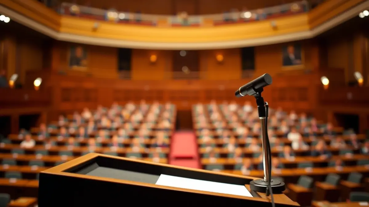 Imagen genérica de un micrófono en un podio en un salón de actos, simbolizando un debate político.