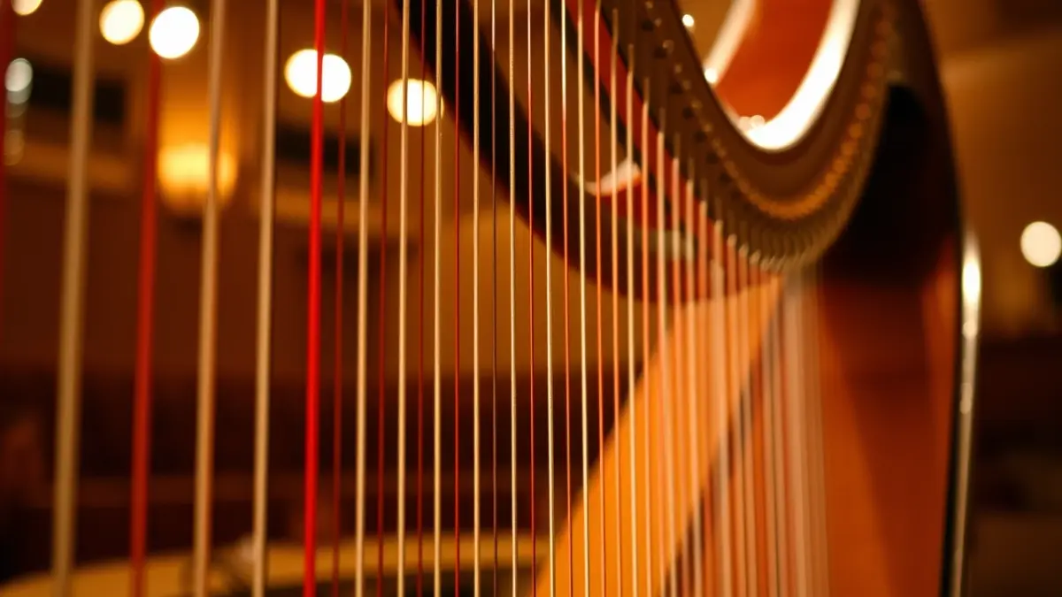 Imagen genérica de las cuerdas y la caja de resonancia de un arpa, con iluminación cálida.