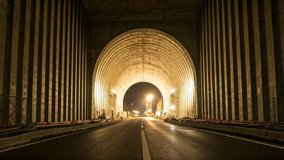 Image of a tunnel entrance under construction with heavy machinery.