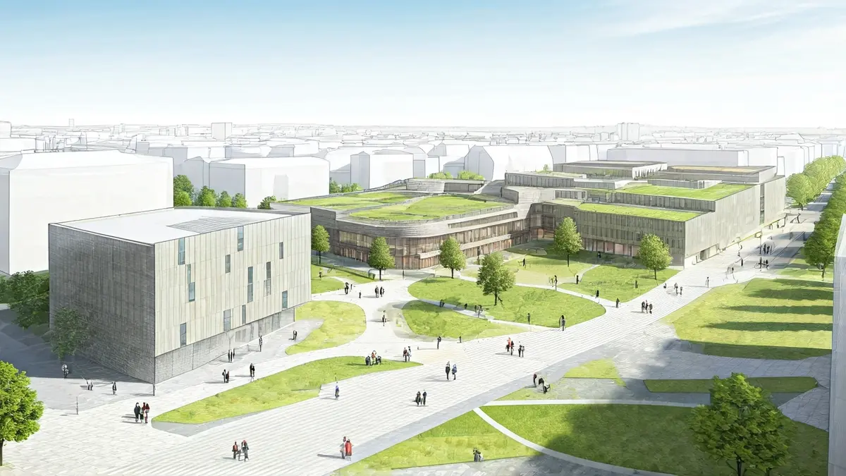 Image of an architectural design for a modern university campus with green areas.