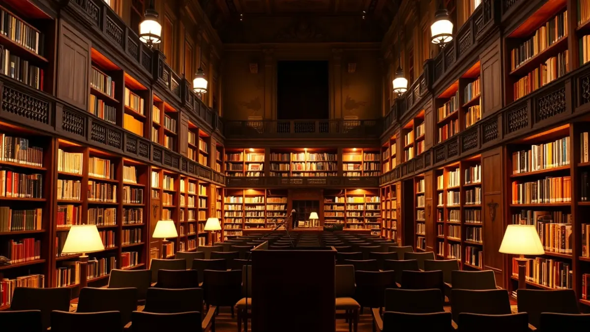 Generic image of a warm-lit library or conference room interior.