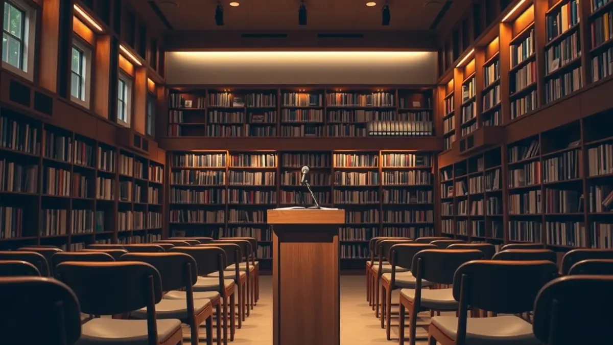 Generic image of a cultural space or theater with a microphone on a podium and empty seats.