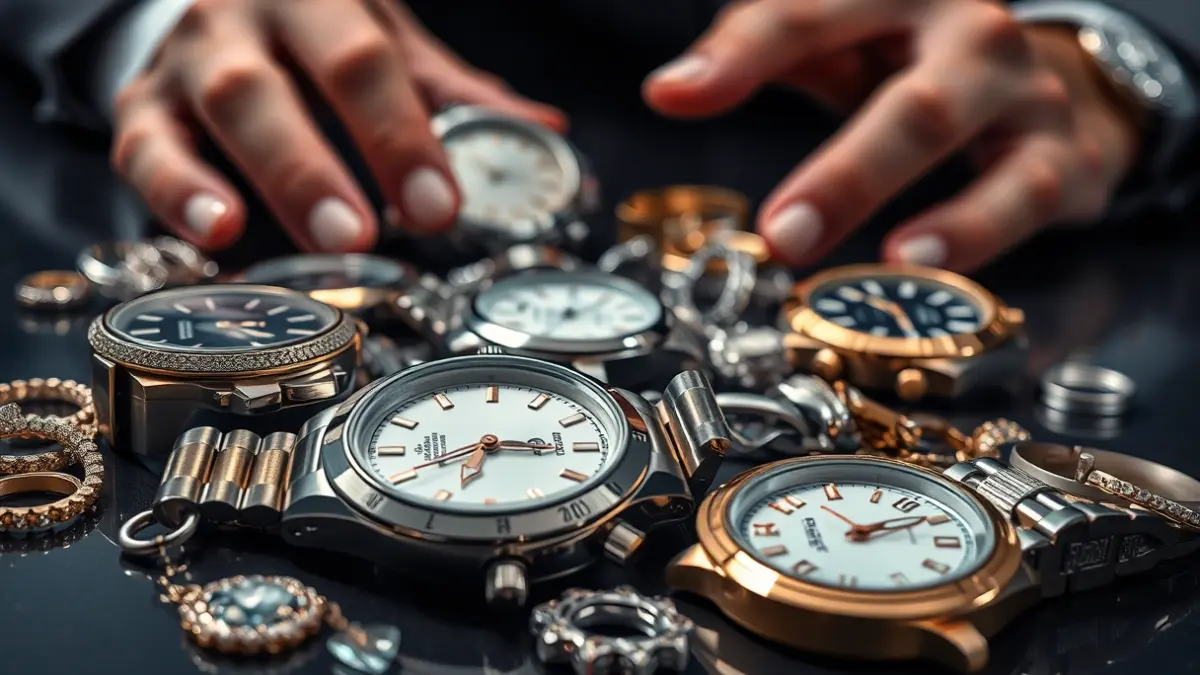 Objetos de lujo robados, como relojes y joyas, sobre una superficie oscura.