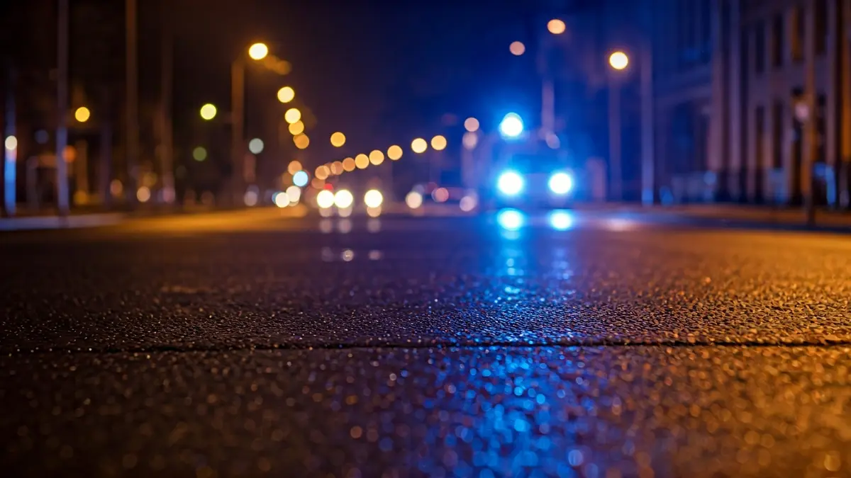 Generic image of emergency lights reflecting on wet asphalt at night.