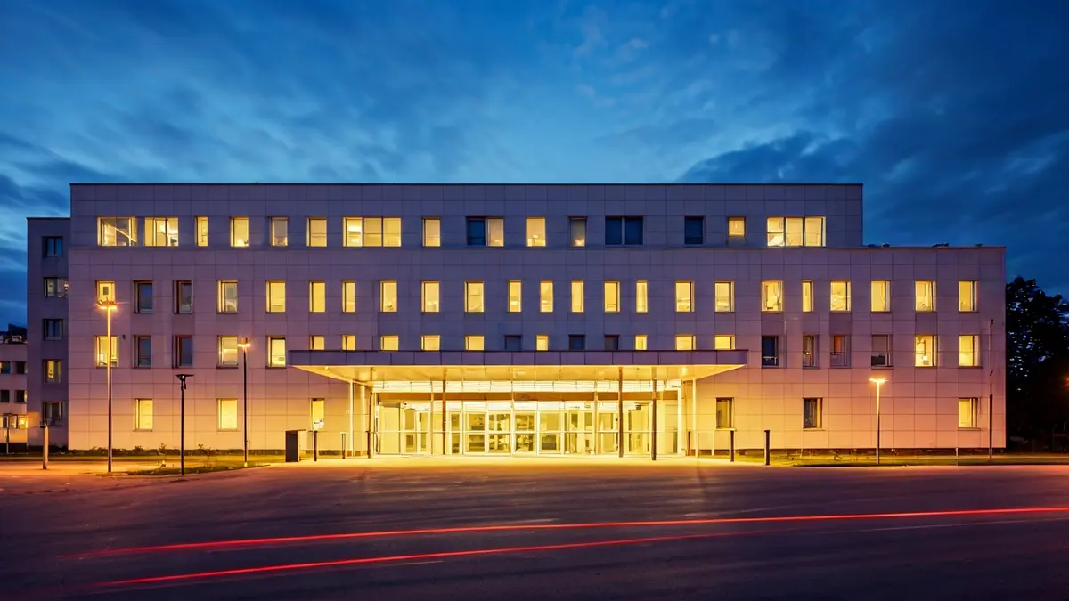 Generic image of a hospital facade at dusk.