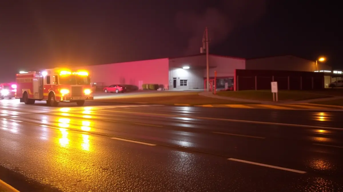 Imagen genérica de luces de emergencia reflejadas en el asfalto, con un edificio industrial difuminado al fondo.