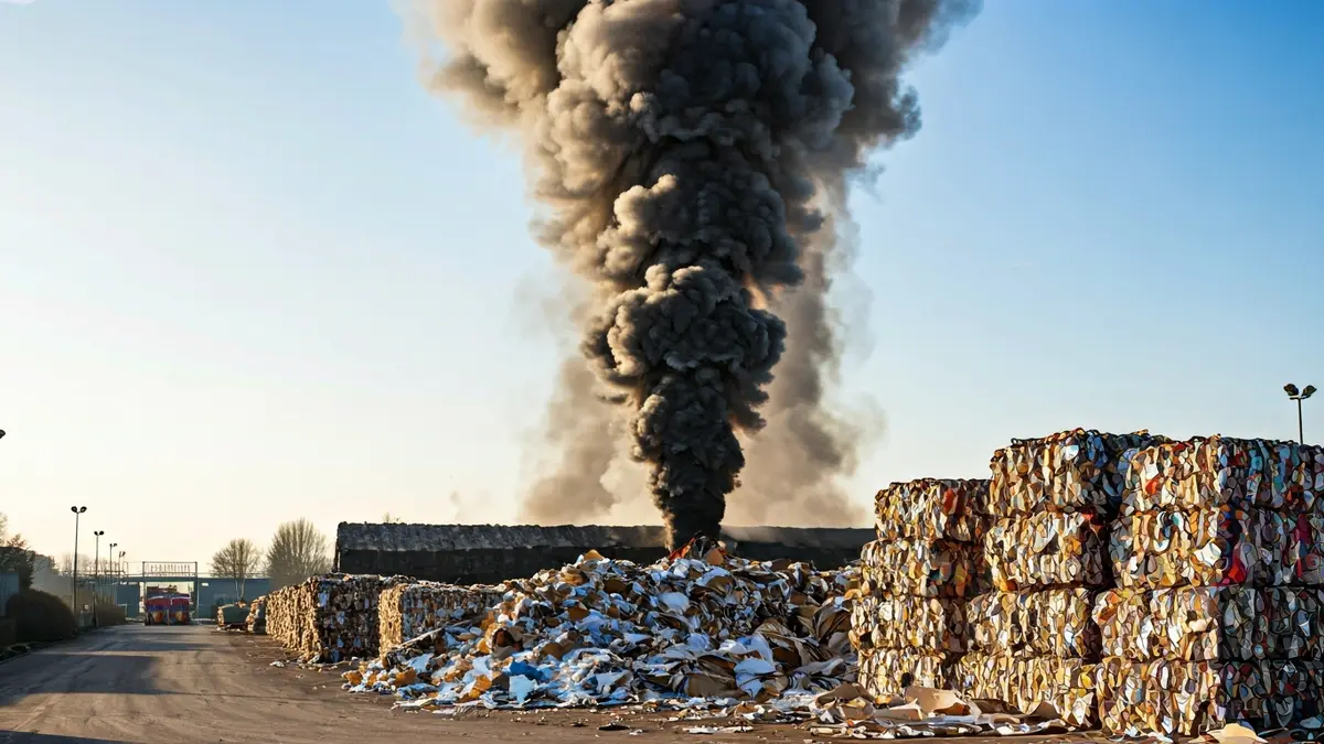Imagen de una densa columna de humo elevándose sobre una nave de reciclaje en Alcalá de Henares.