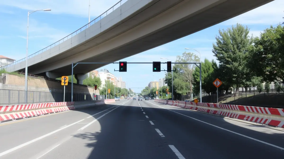 Image of a road lane under an underpass with temporary traffic lights and construction barriers.