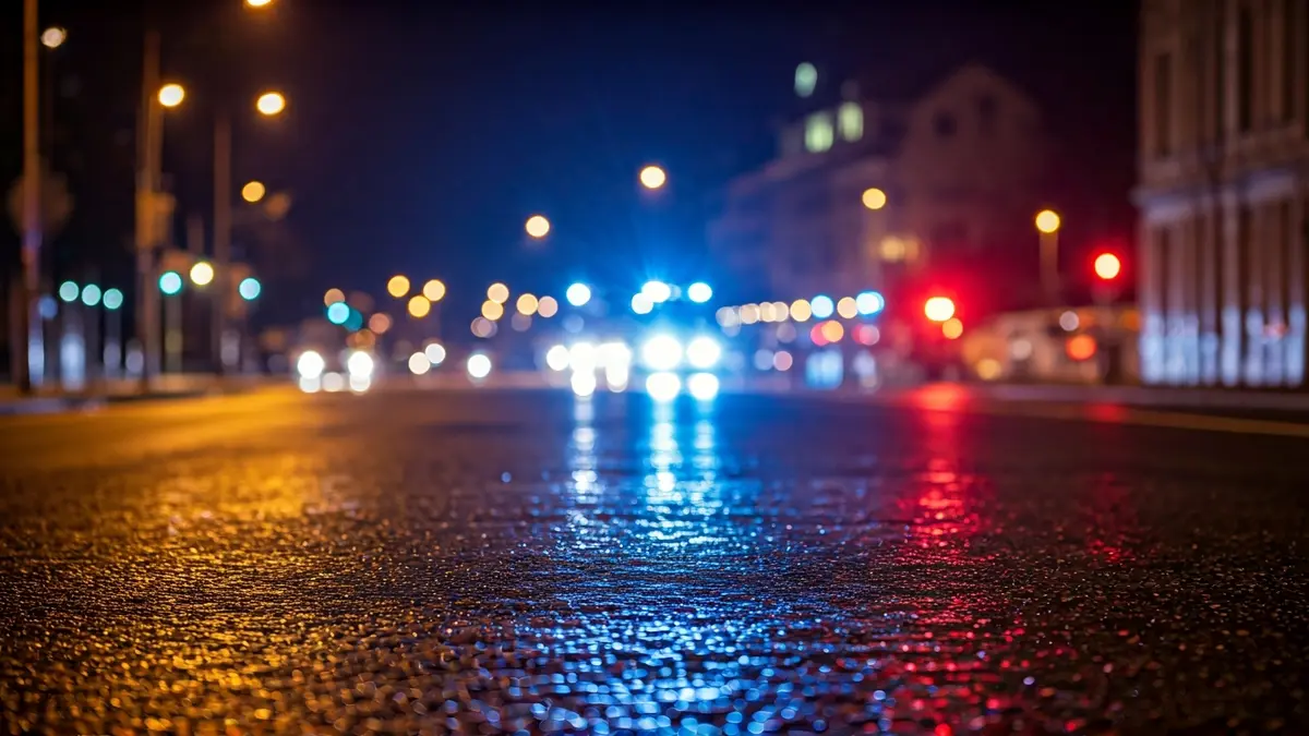 Imagen genérica de luces de emergencia reflejadas en el asfalto mojado.