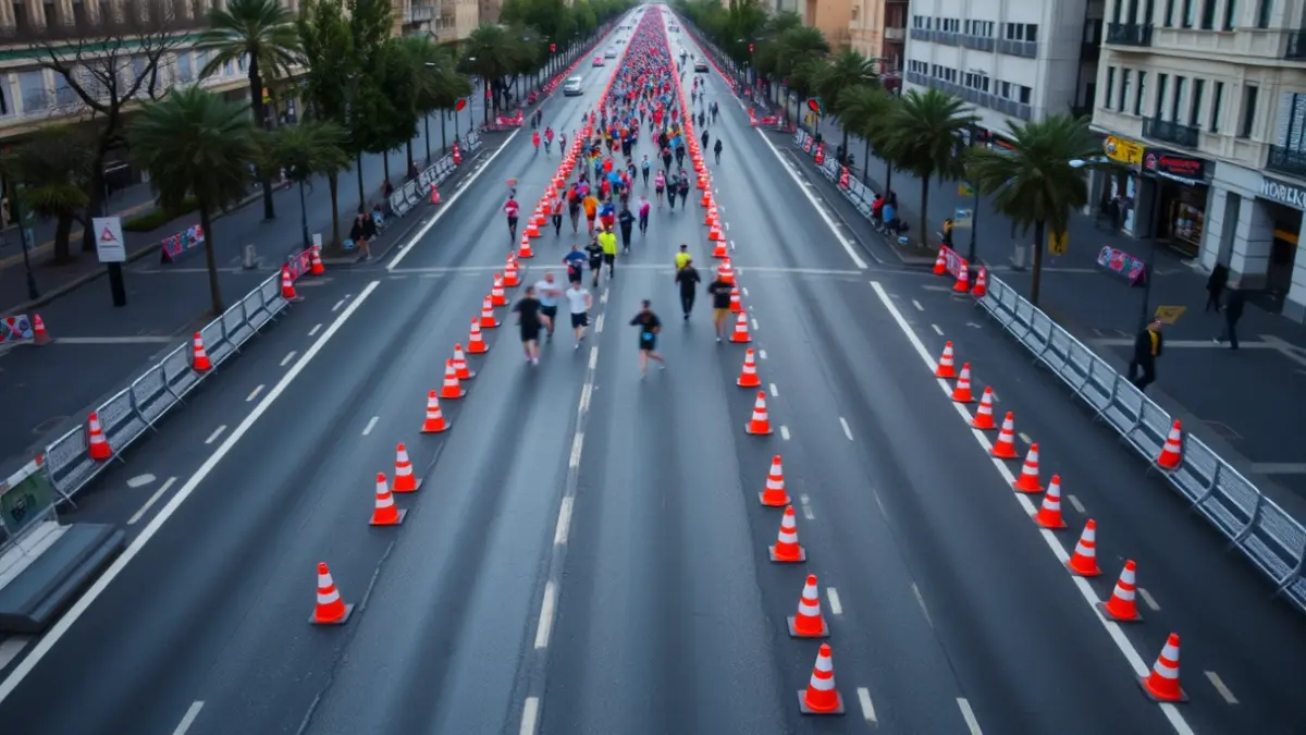 Imagen aérea de una avenida de Madrid preparada para una carrera, con conos y barreras.