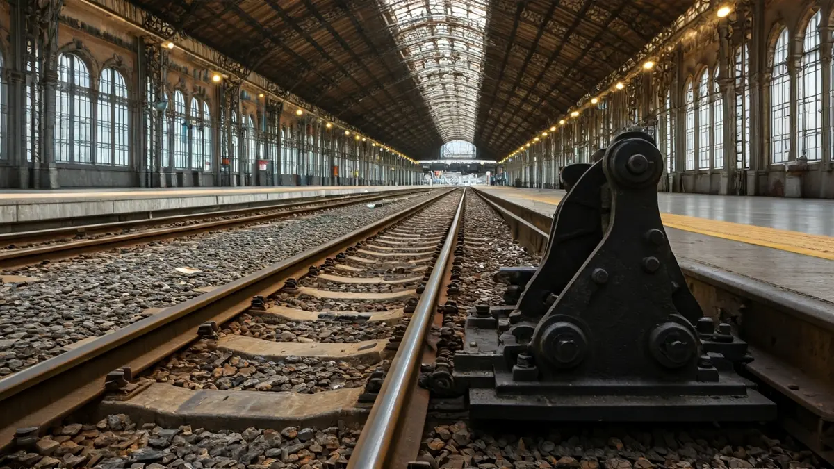 Imagen genérica de vías de tren en una estación, con un cambio de agujas en primer plano.