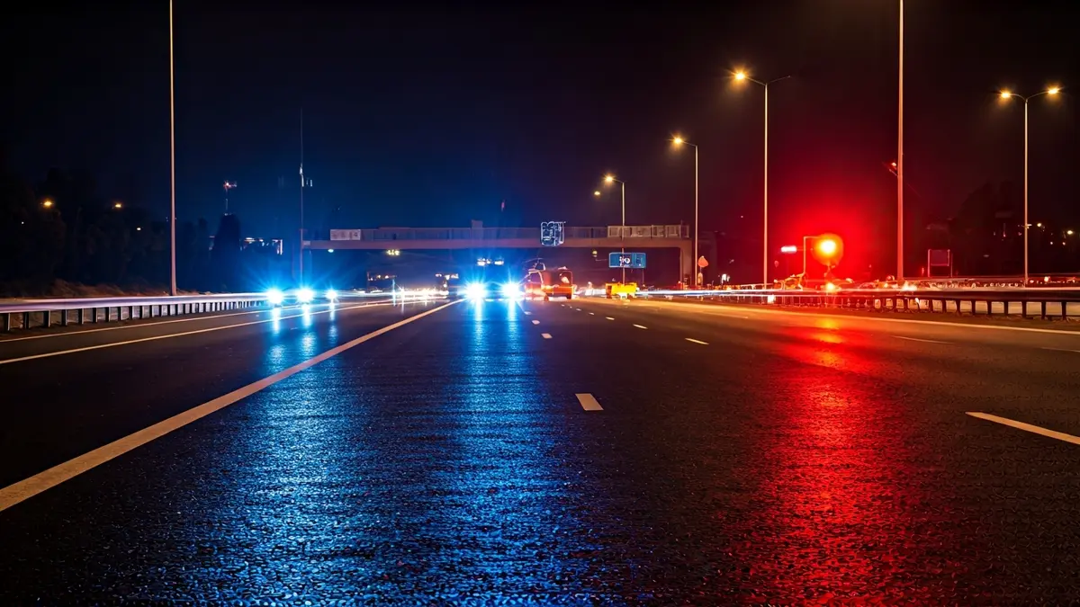 Generic image of emergency lights on a road at night, indicating roadworks.