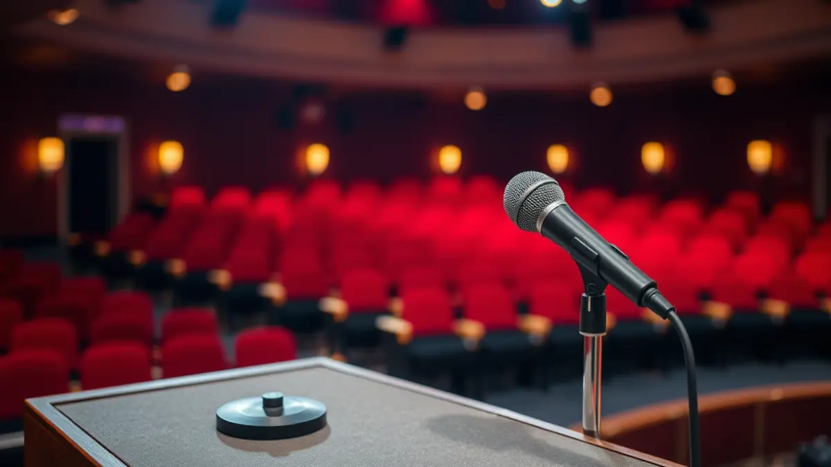 Generic image of a microphone on a podium in a theater, with blurred seats in the background.