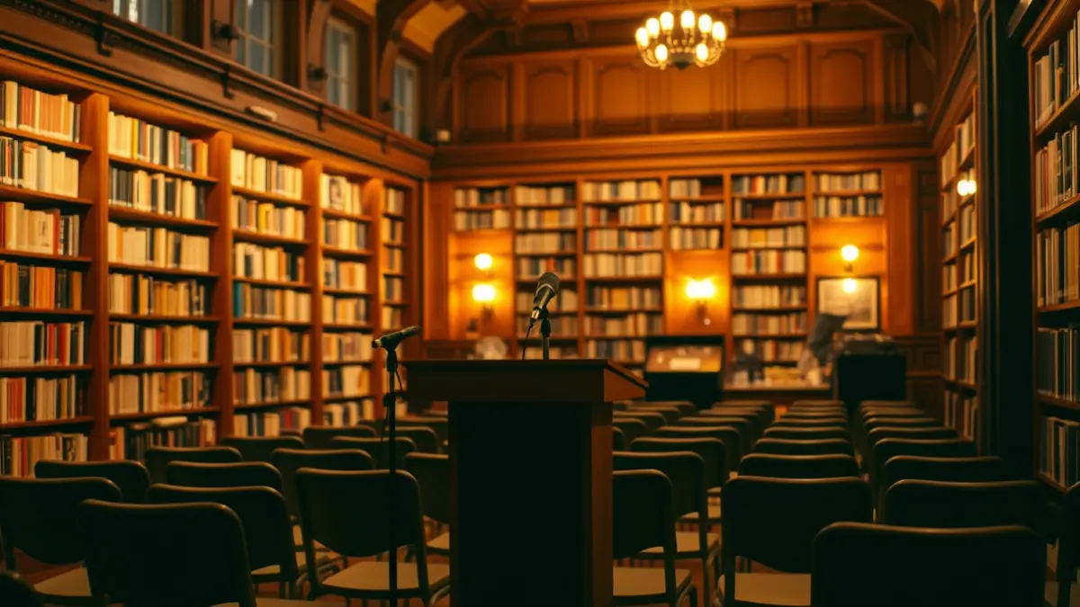 Generic image of a reading or conference space, with bookshelves and a microphone.