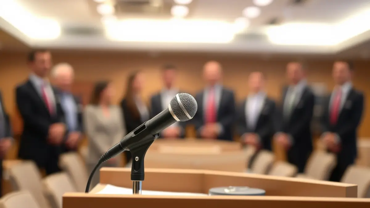 Generic image of a microphone on a podium during a press conference.