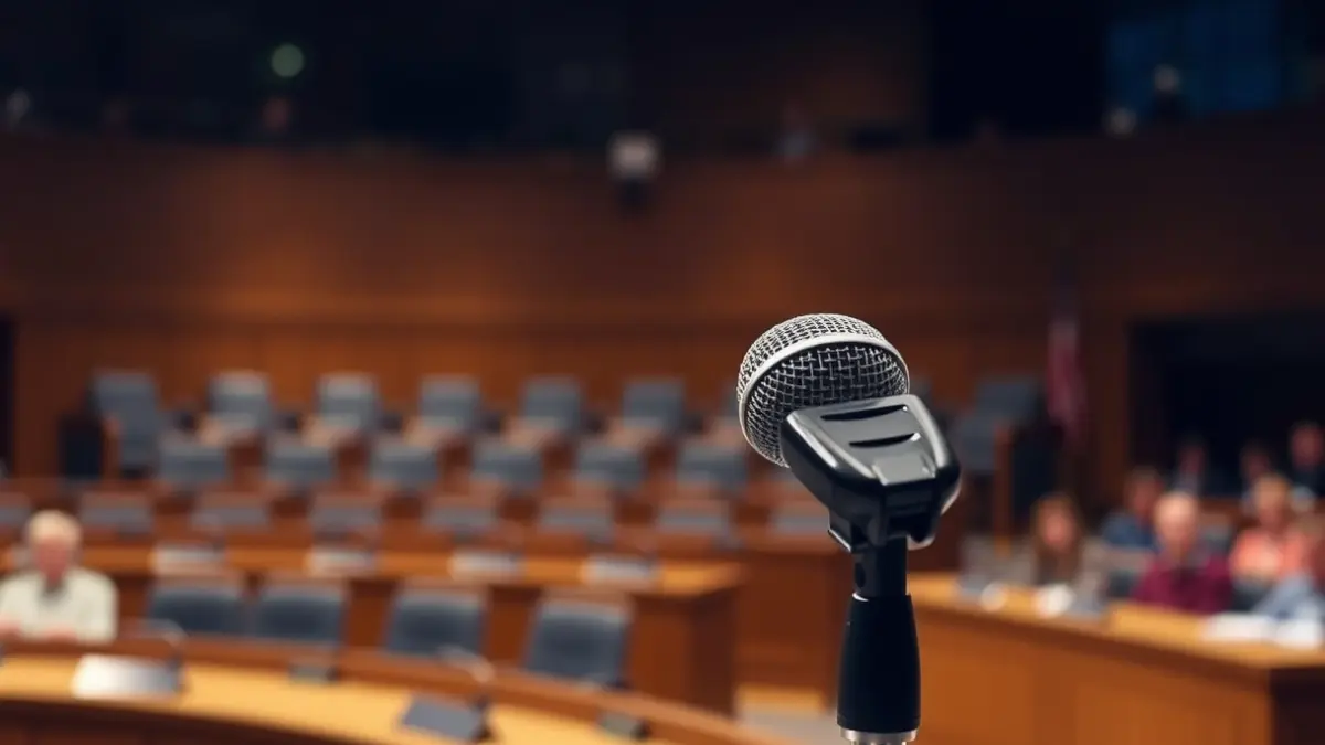 Generic image of a microphone on a podium in a municipal council chamber.