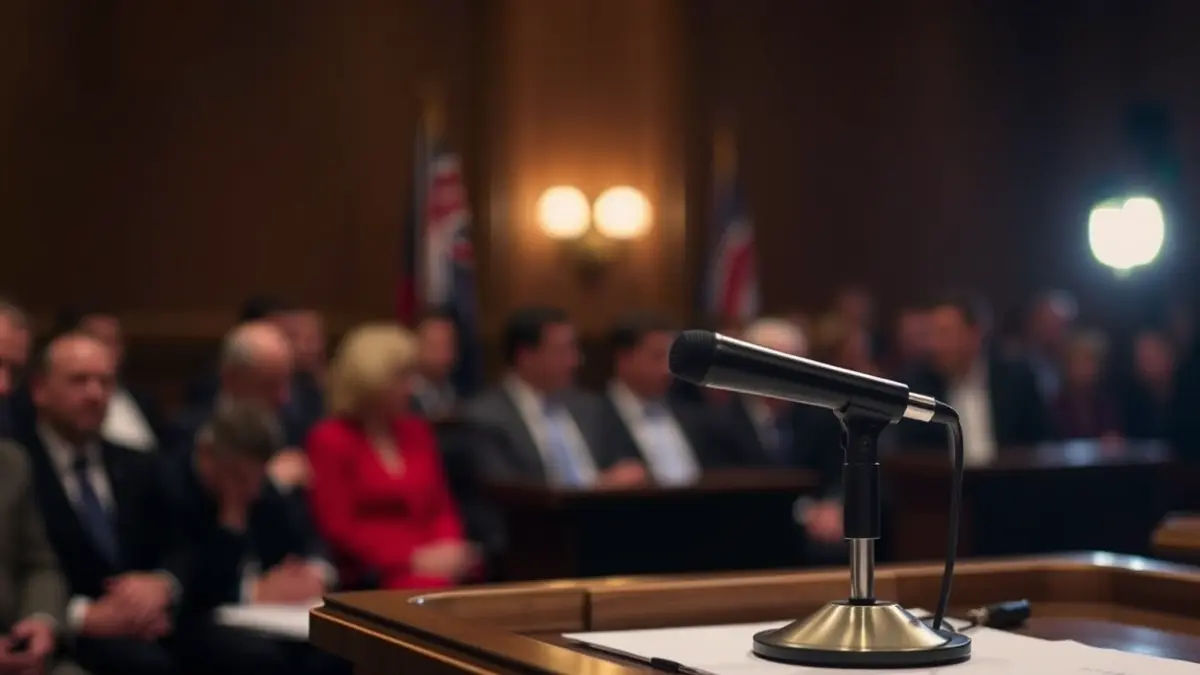 Generic image of a microphone on a podium, symbolizing a political debate or public hearing.