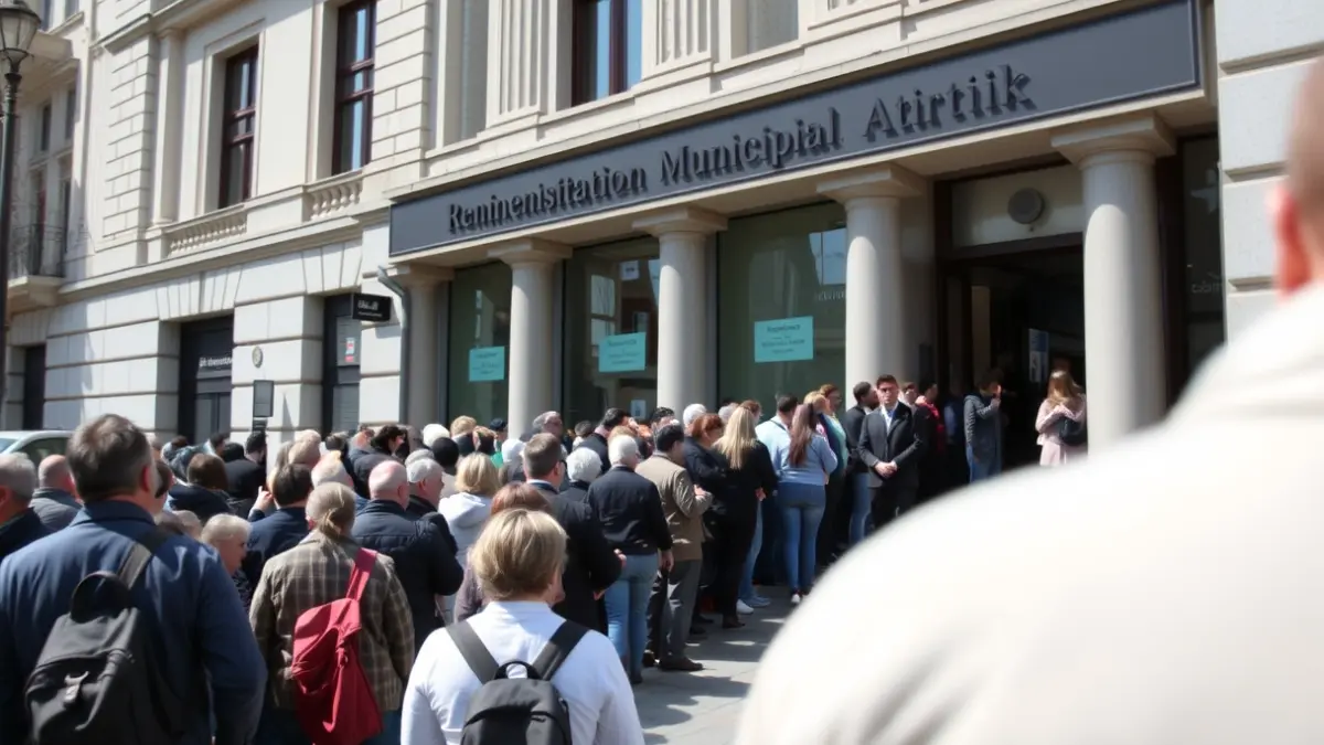 Generic image of a long queue of people waiting in front of a municipal building, symbolizing pressure on public services.