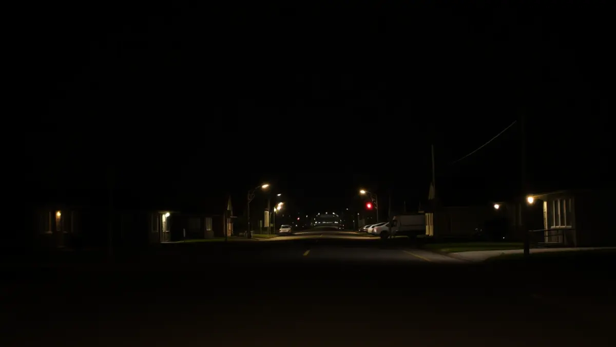 Generic image of a dimly lit street in a town at night.