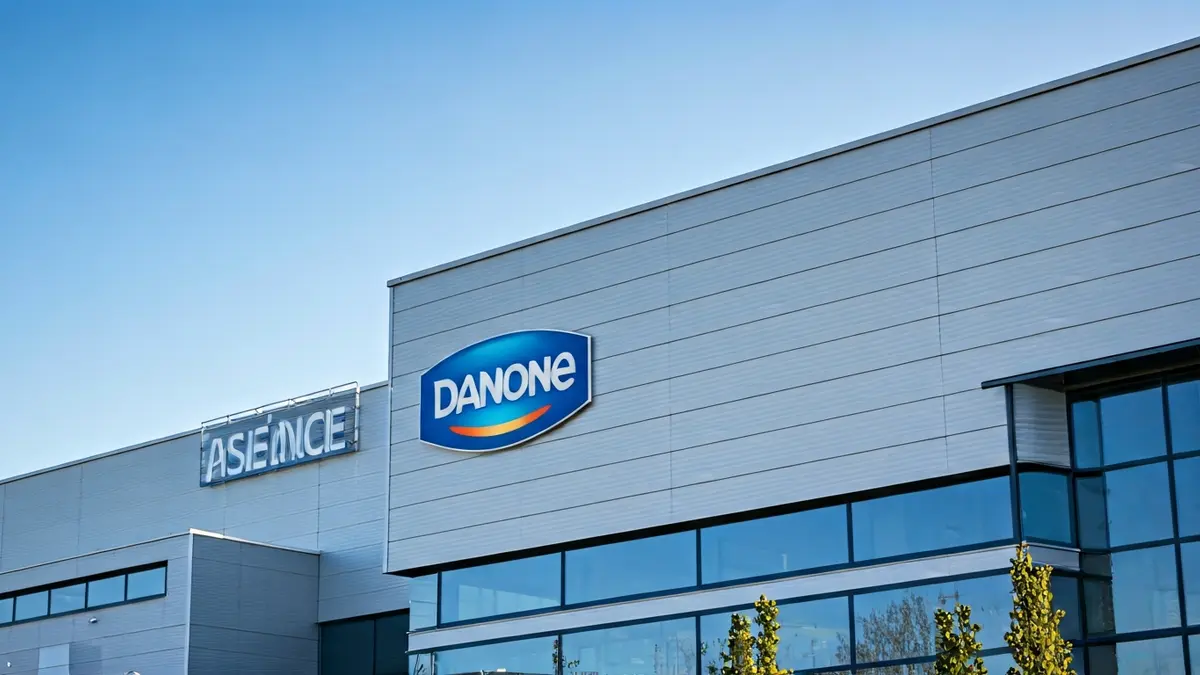 Fachada de una moderna instalación industrial de Danone en Tres Cantos.