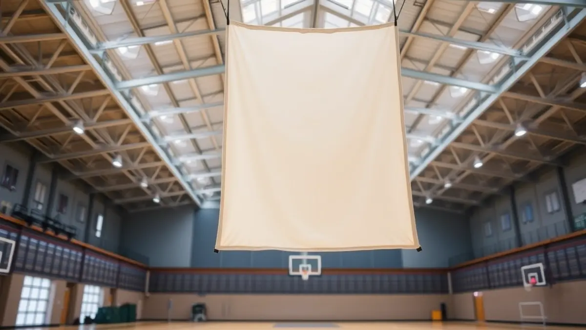 Image of a sports hall with a temporary canvas divider.