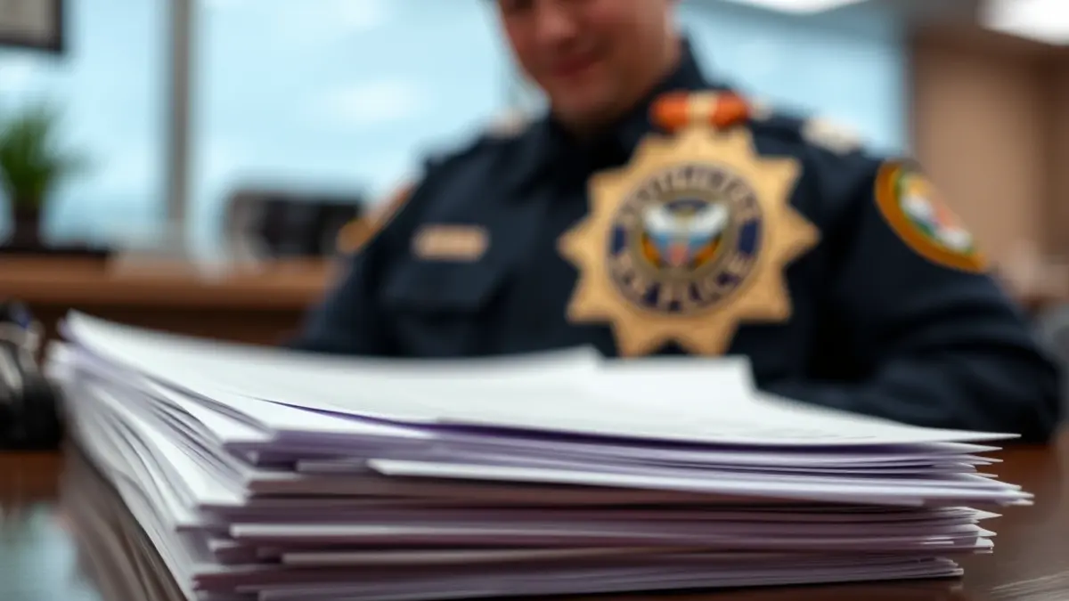 Generic image of official documents and a blurred police badge, symbolizing administrative issues within the police force.