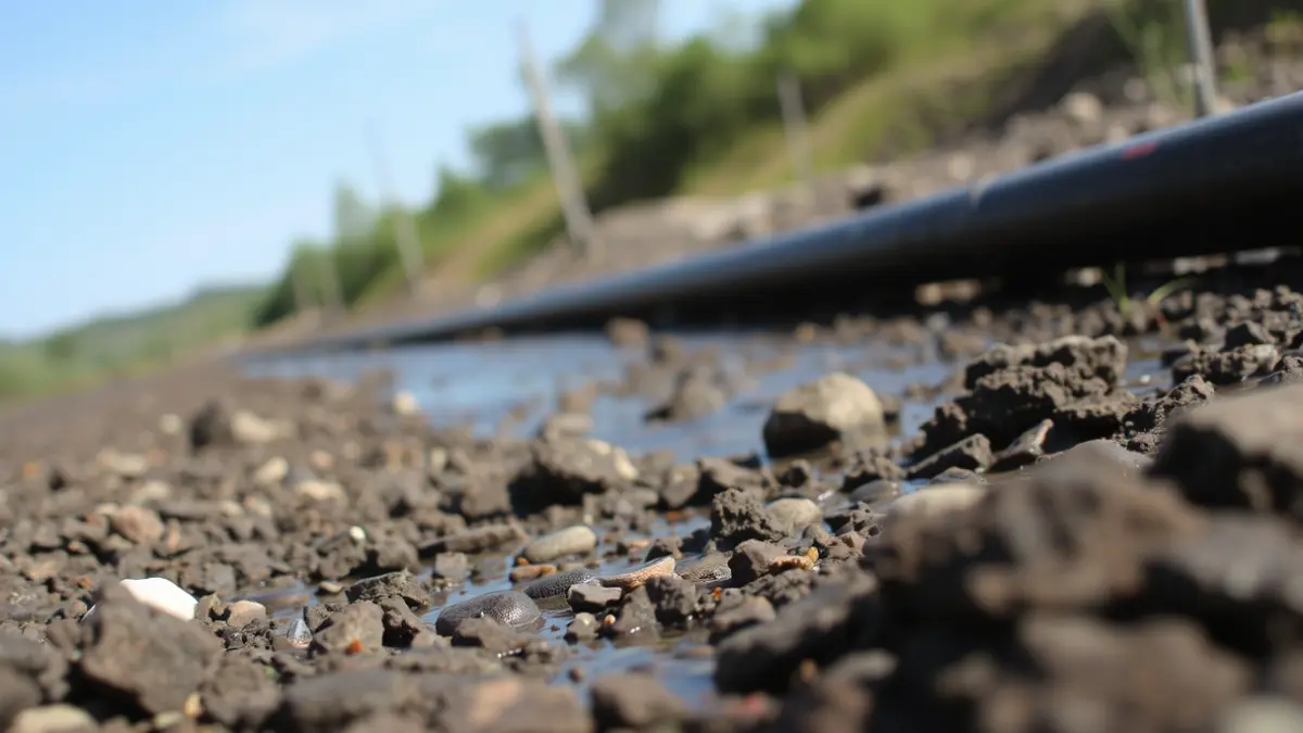 Image of river renaturalization works, with construction materials and blurred vegetation.