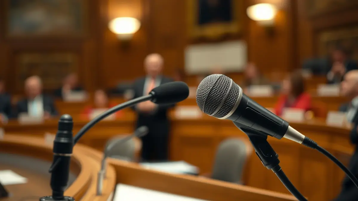 Generic image of a microphone on a podium, symbolizing a political debate or official statement.