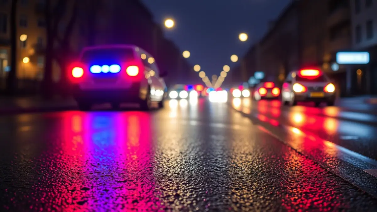 Generic image of emergency lights reflected on wet asphalt.