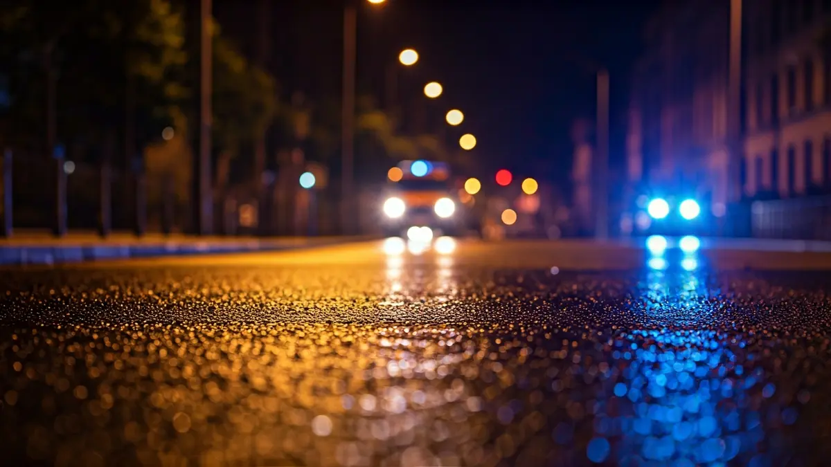Imagen genérica de luces de emergencia policiales reflejadas en el asfalto mojado.