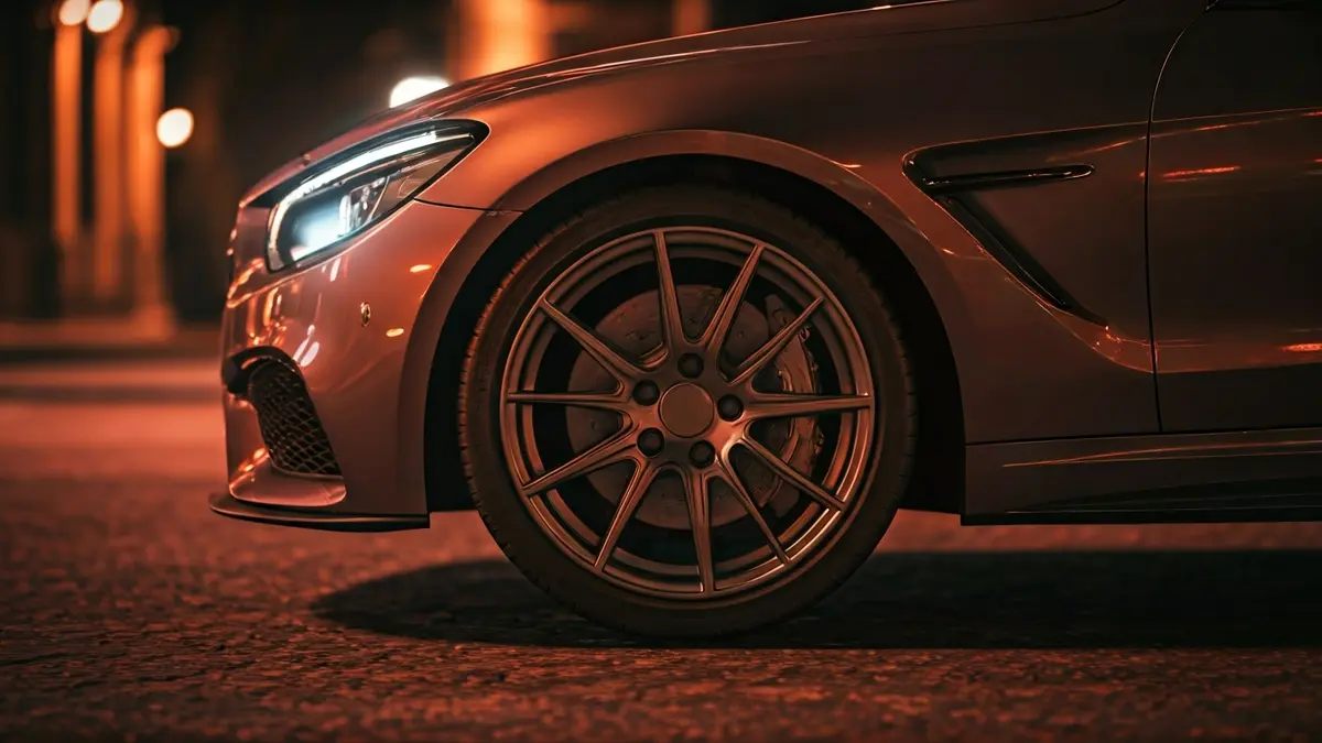 High-end car wheel without a tire, on a dark street, with city light reflections.