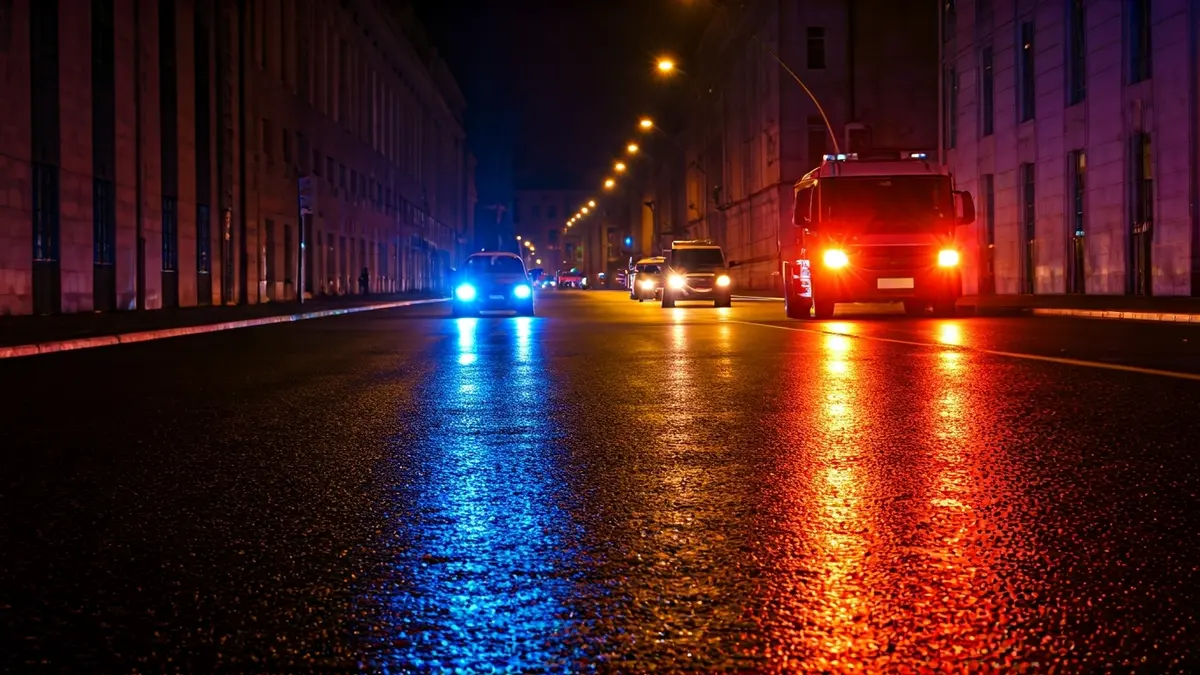 Imagen genérica de luces de emergencia reflejadas en el asfalto mojado por la noche.