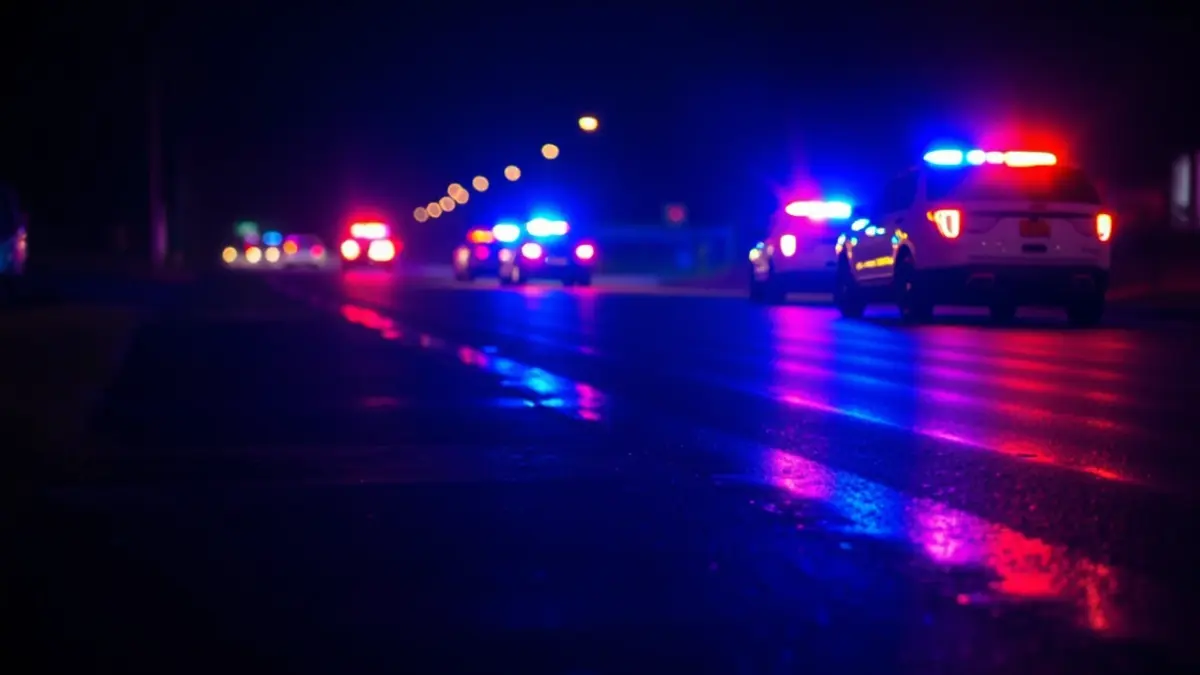 Generic image of police emergency lights reflecting on wet asphalt.