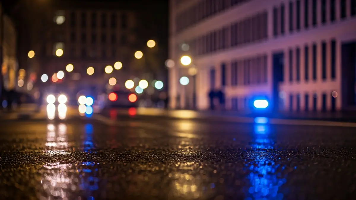 Generic image of police emergency lights reflecting on wet asphalt in a European city at night.