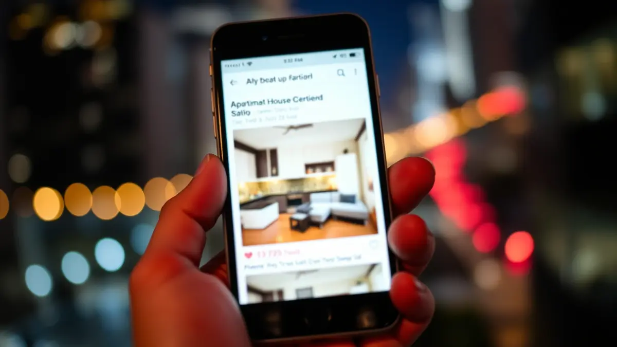 Generic image of a mobile phone displaying a rental ad, with city lights in the background.