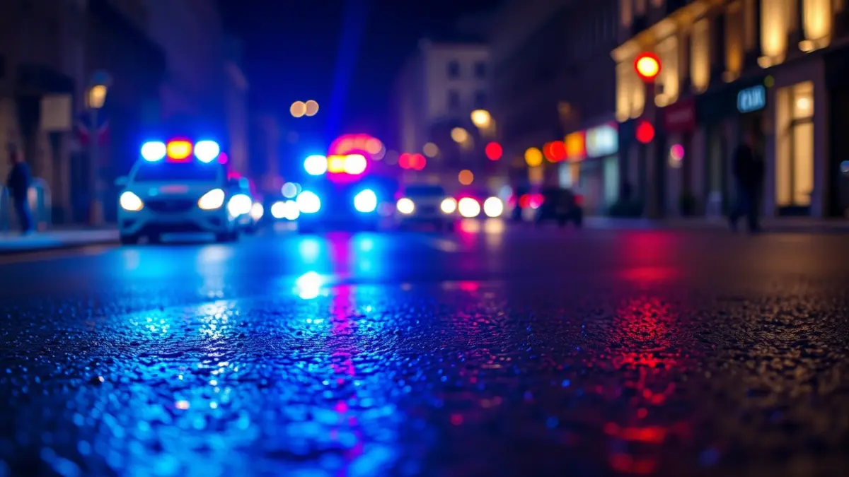 Generic image of emergency lights reflected on wet asphalt at night.