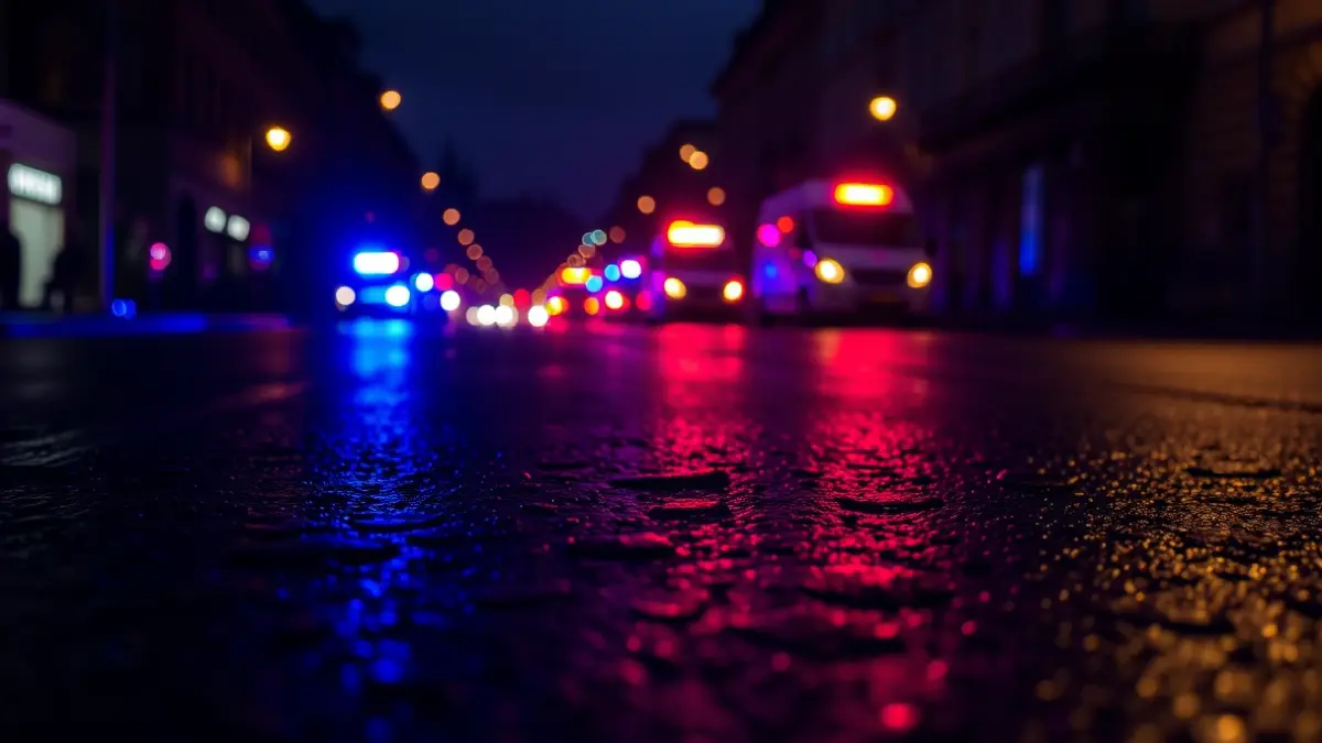Generic image of police emergency lights reflecting on wet asphalt.
