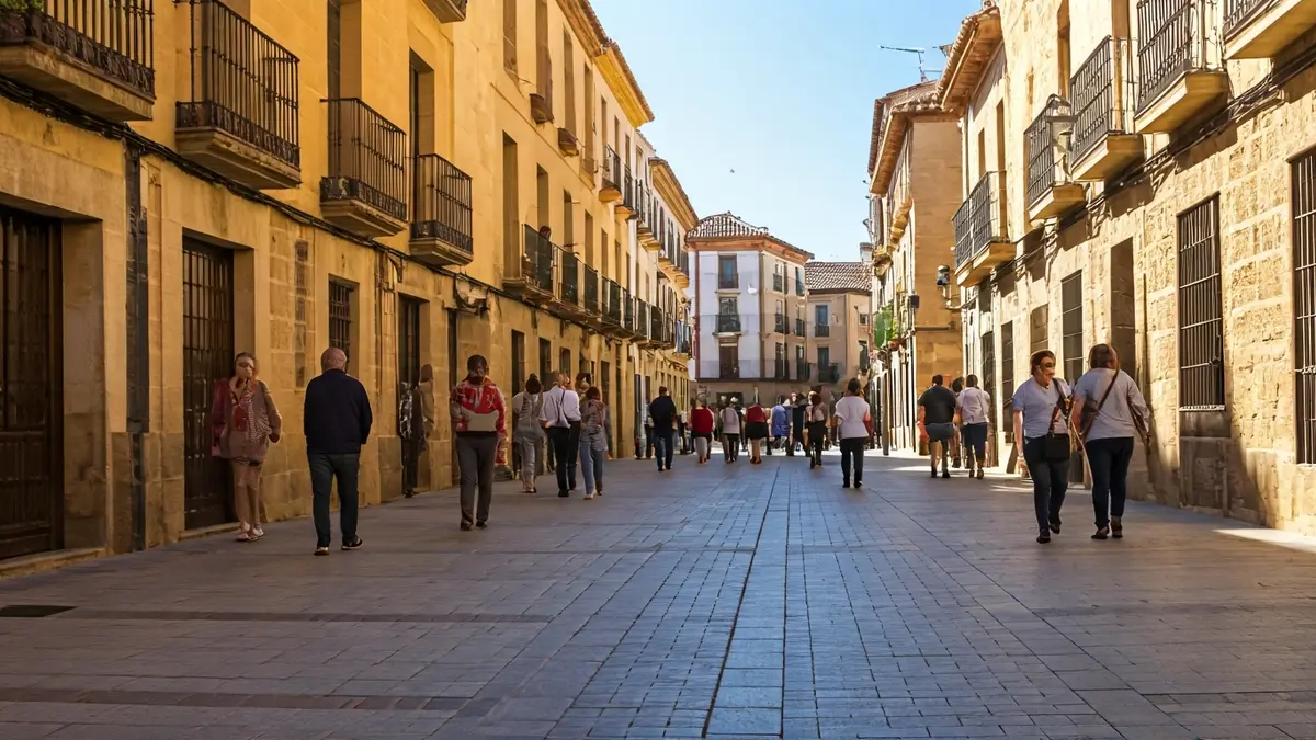 Generic image of a busy street in a historic Spanish town on a sunny weekend.